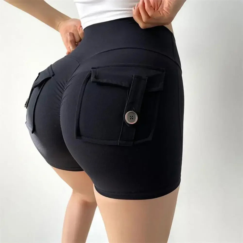 Women’s peach butt cargo yoga pants with air-dry pockets – breathable three-quarter fitness shorts