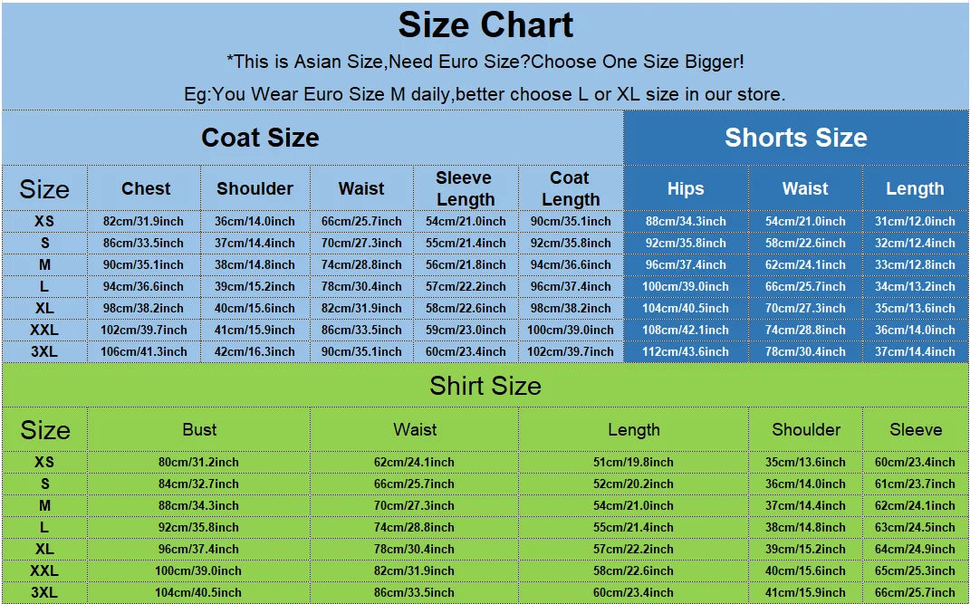 Size chart for coats, shorts, and shirts with measurements in centimeters.
