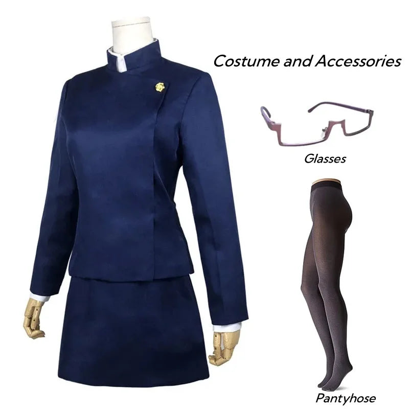 Navy blue costume with glasses and pantyhose on a white background