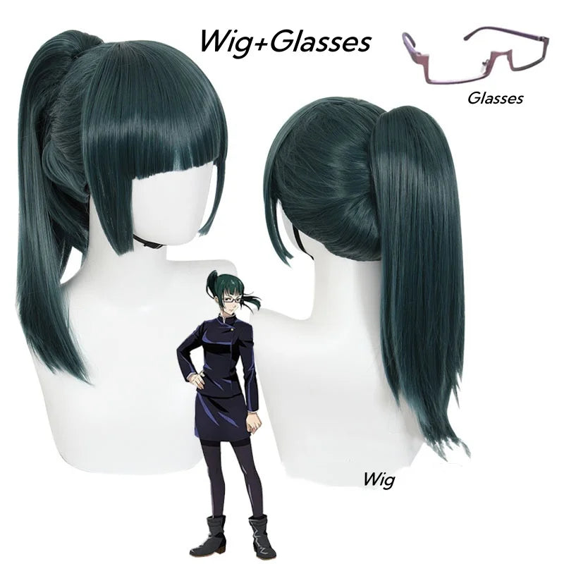Green wig with ponytails on a mannequin head, with glasses displayed separately.
