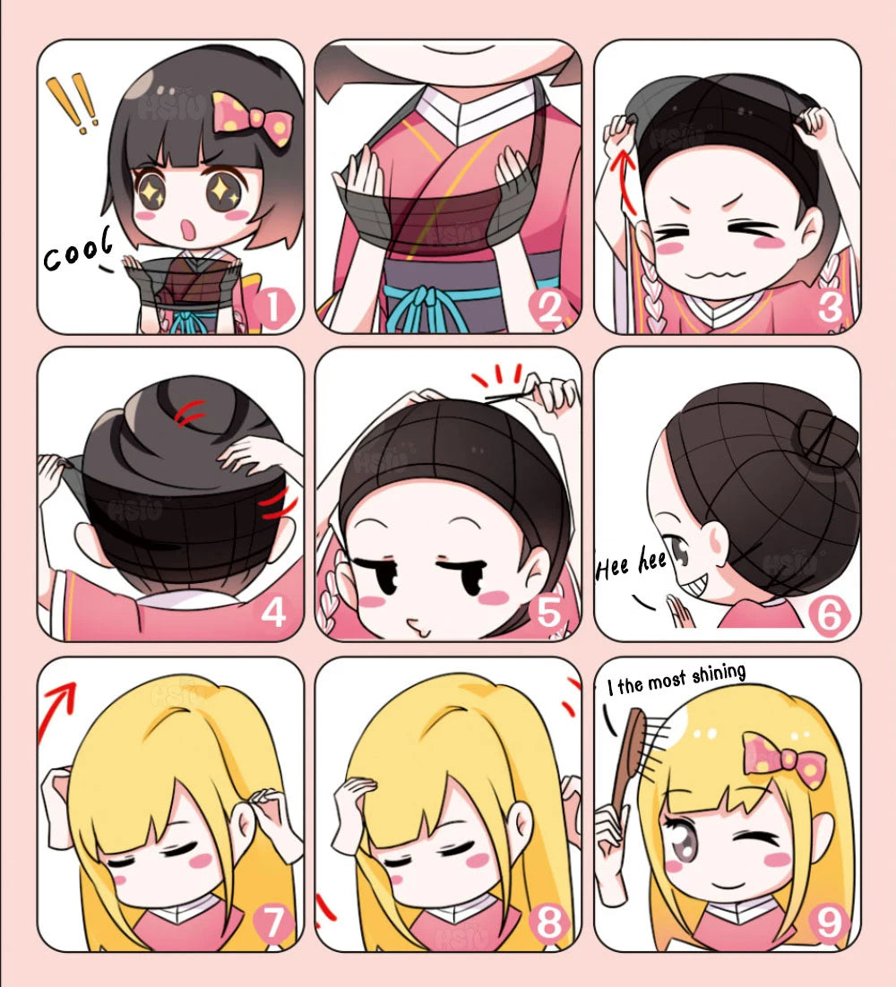 Cartoon character styling process with various hairstyles and expressions on a pink background