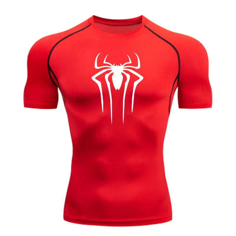 Red athletic shirt with a white spider logo on a white background