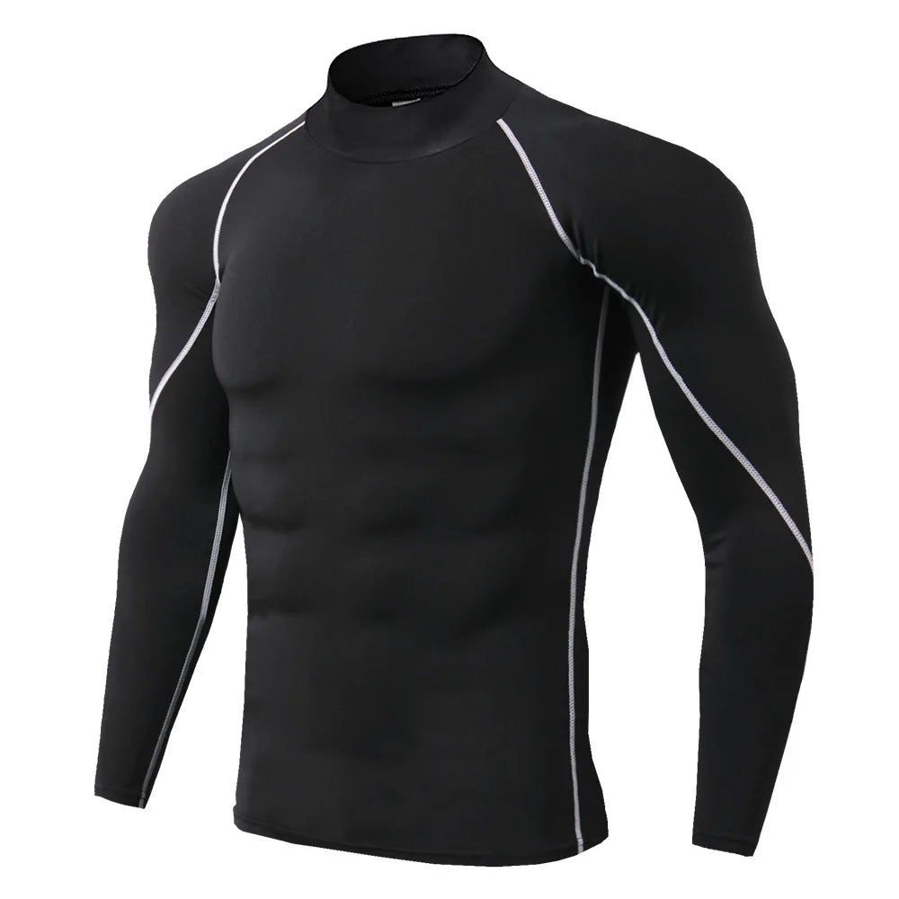 Black long-sleeve athletic shirt with white accents on a white background