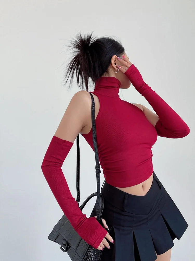 Sexy high neck pleated sleeveless crop tank top for women, Y2K clubwear and streetwear