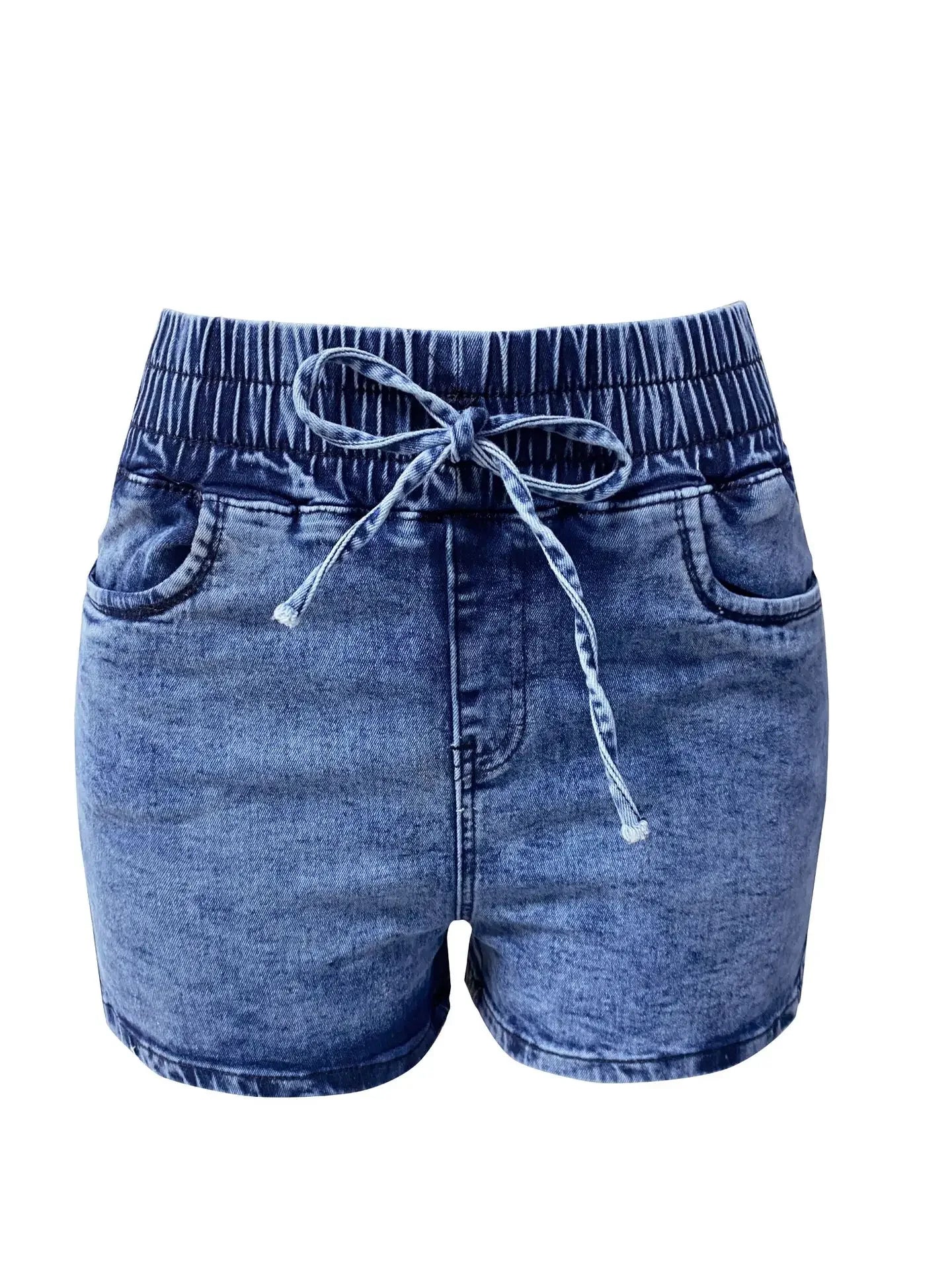 Mid-waist slim fit denim shorts for women with drawstring, pleated front, and side pockets – summer streetwear