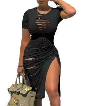 Cut-Out Ruched Drawstring Bodycon Dress with Side Slit