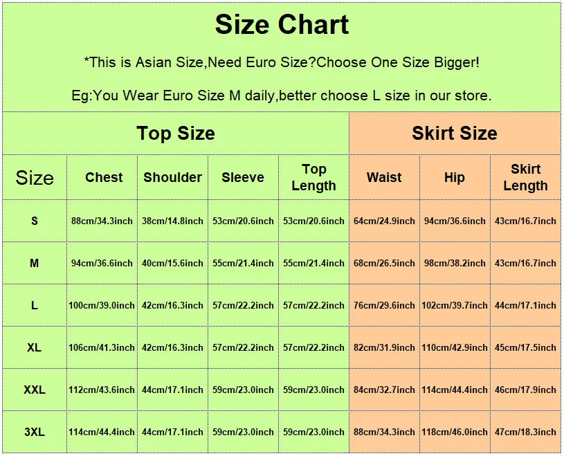 Size chart for top and skirt measurements with Asian to Euro size conversion note.