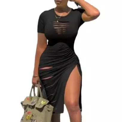 Cut-Out Ruched Drawstring Bodycon Dress with Side Slit