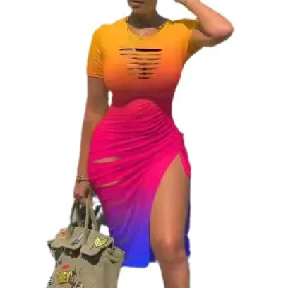 Cut-Out Ruched Drawstring Bodycon Dress with Side Slit