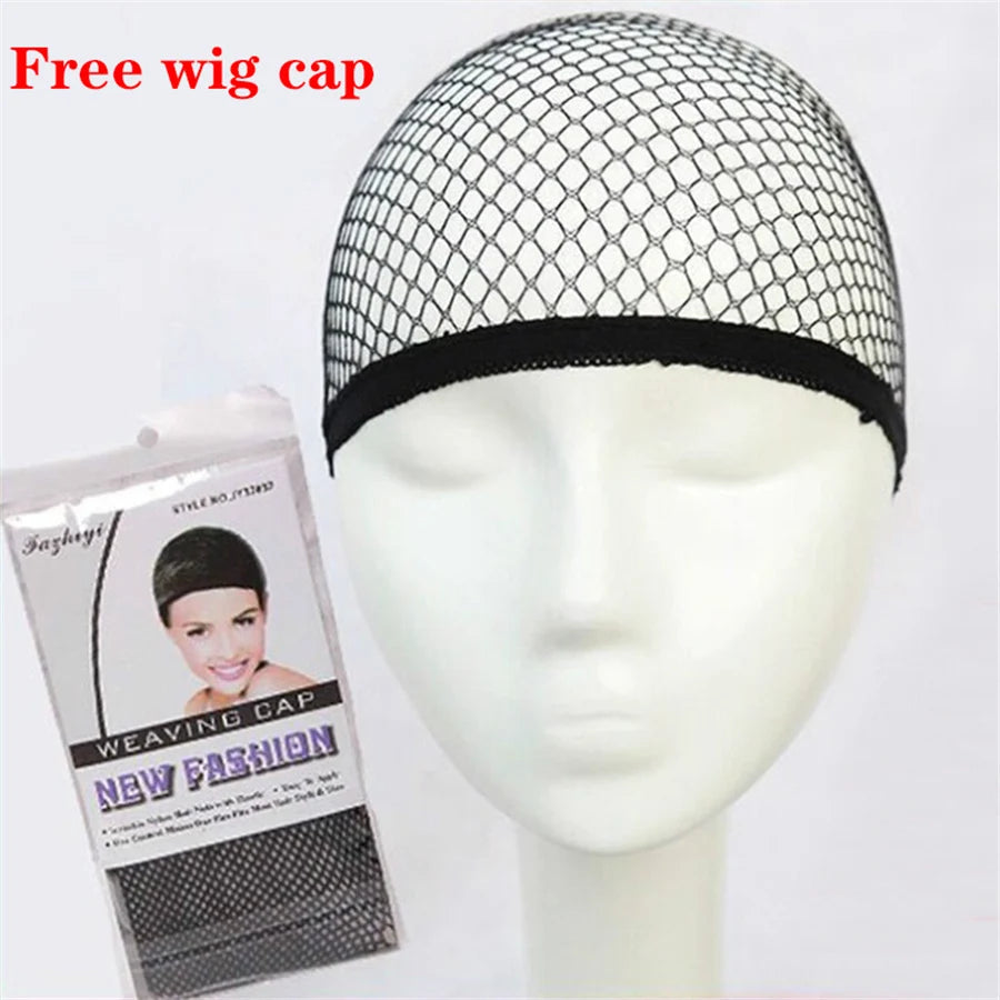 Black mesh wig cap on a mannequin head with packaging labeled 'Free wig cap' on a white background.