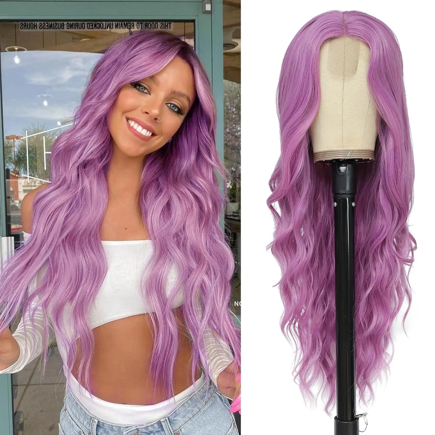 Purple wig on a mannequin head and a woman with the wig.