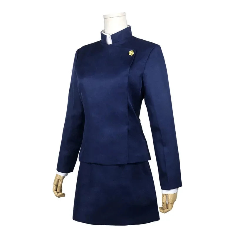 Navy blue uniform with a gold emblem on a mannequin against a white background