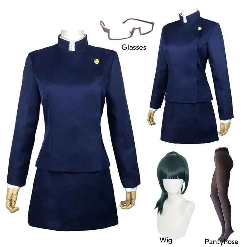 Navy blue uniform set with glasses, wig, and pantyhose on a white background