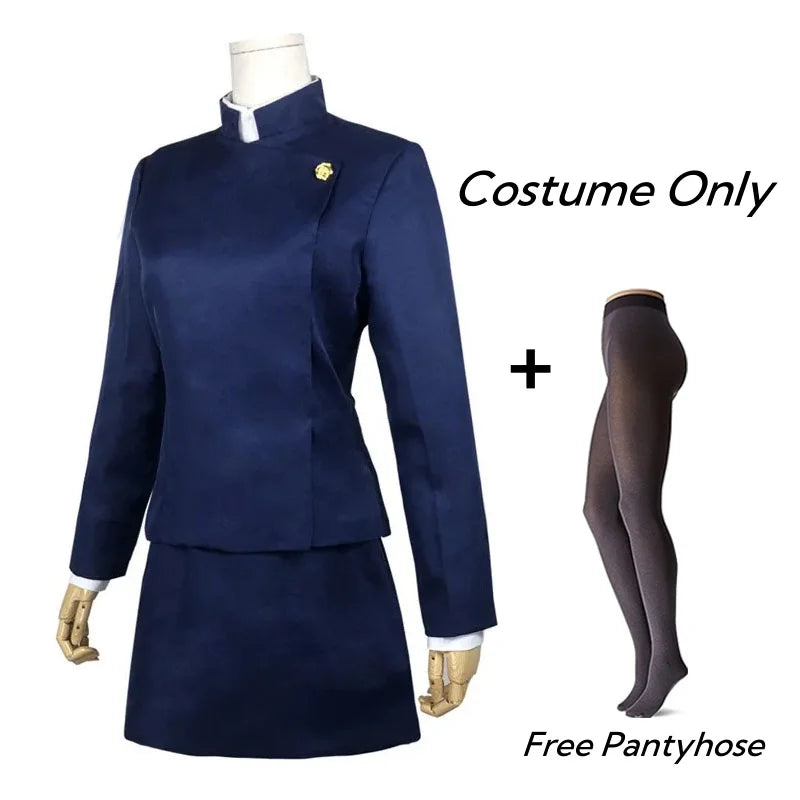 Navy blue costume on a mannequin with free pantyhose offer text