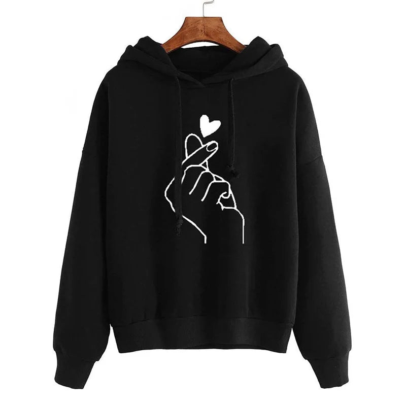 Finger Heart Fleece Hoodie – Korean Style Pullover with Pockets