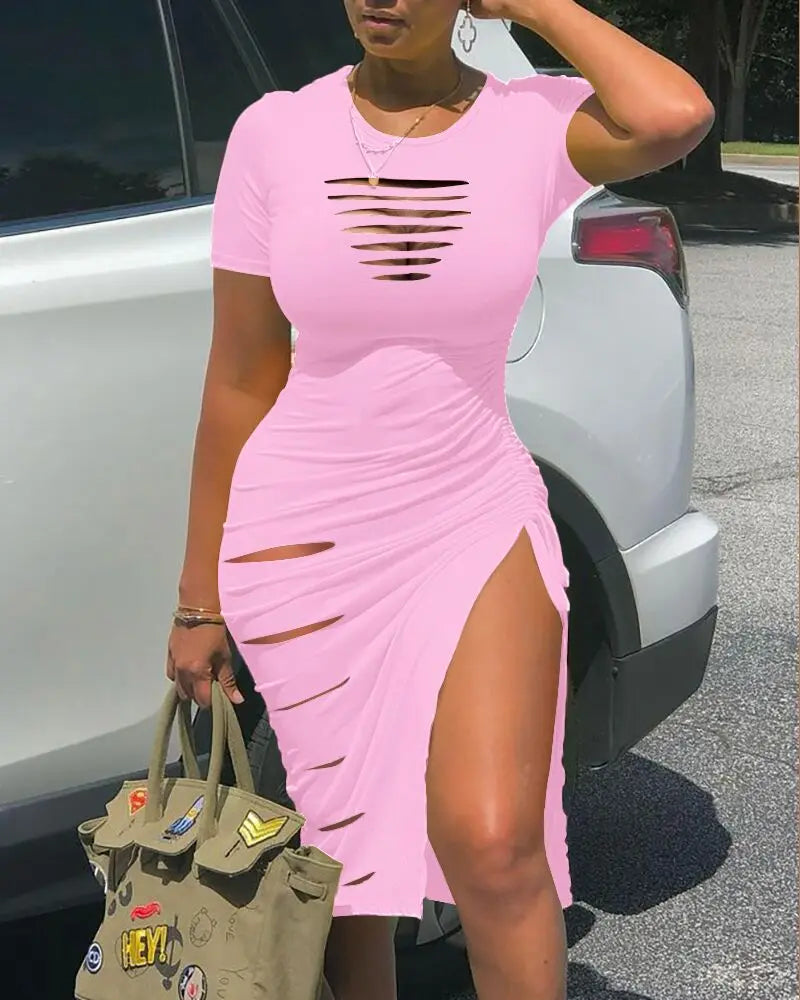 Cut-Out Ruched Drawstring Bodycon Dress with Side Slit