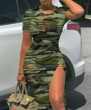 Cut-Out Ruched Drawstring Bodycon Dress with Side Slit