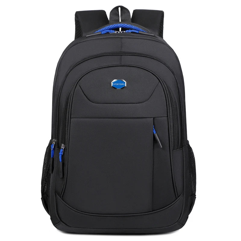 Black backpack with blue accents on a white background