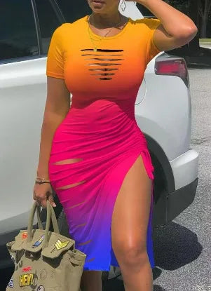 Cut-Out Ruched Drawstring Bodycon Dress with Side Slit