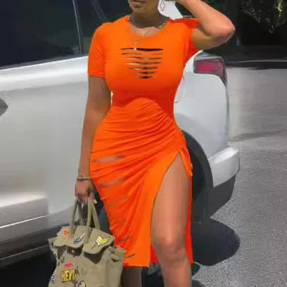 Cut-Out Ruched Drawstring Bodycon Dress with Side Slit