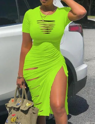 Cut-Out Ruched Drawstring Bodycon Dress with Side Slit