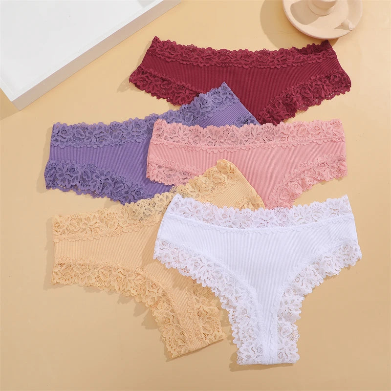 5pcs women’s cotton floral lace panties set with soft patchwork briefs