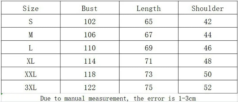 Measurement chart for clothing sizes S to 3XL with bust, length, and shoulder measurements.
