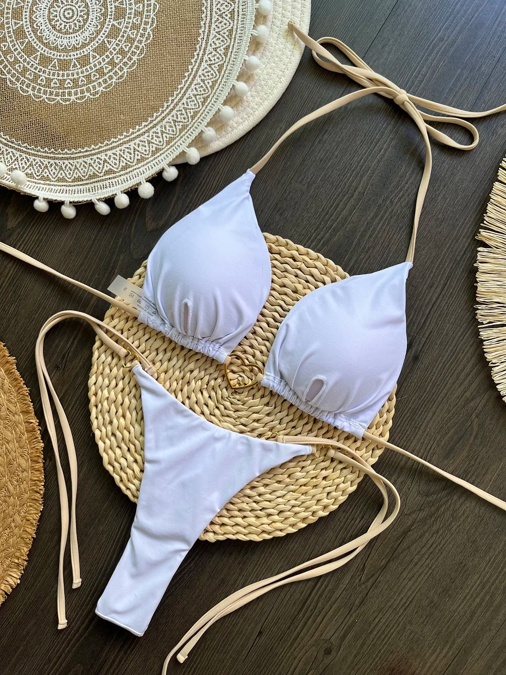Sexy halter bikini set with Brazilian thong bottoms – women’s two-piece solid color swimwear