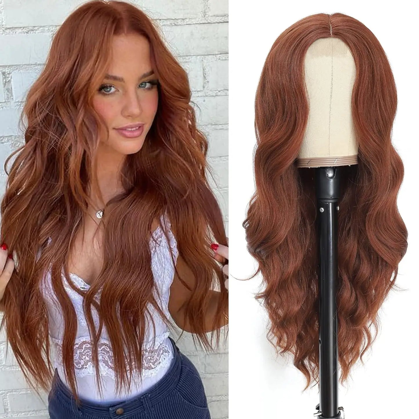Side-by-side comparison of a woman with long brown hair and a brown wig on a mannequin head.