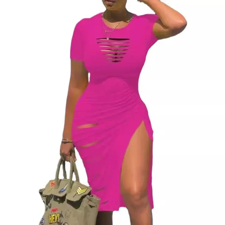 Cut-Out Ruched Drawstring Bodycon Dress with Side Slit