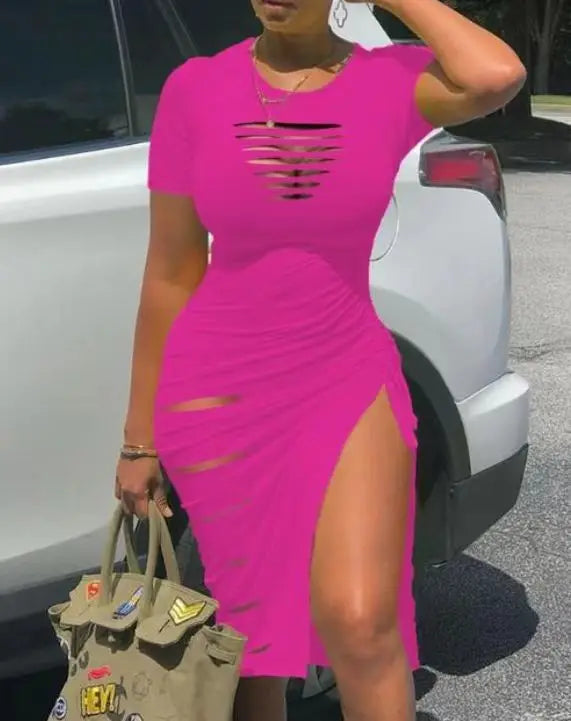 Cut-Out Ruched Drawstring Bodycon Dress with Side Slit