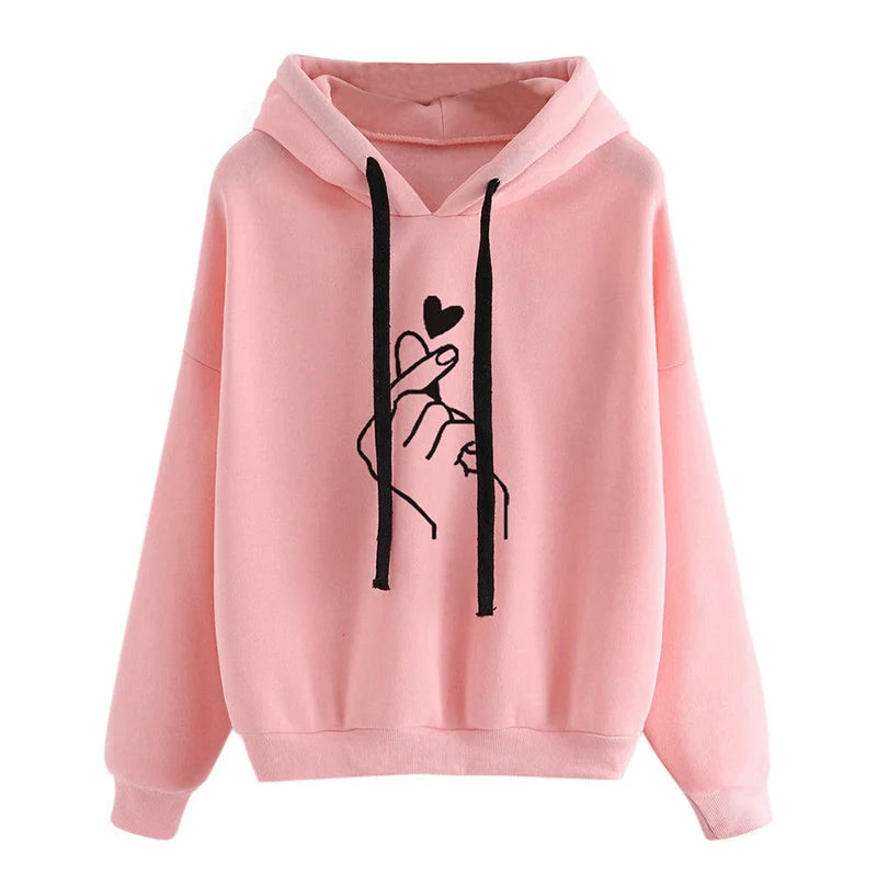 Finger Heart Fleece Hoodie – Korean Style Pullover with Pockets