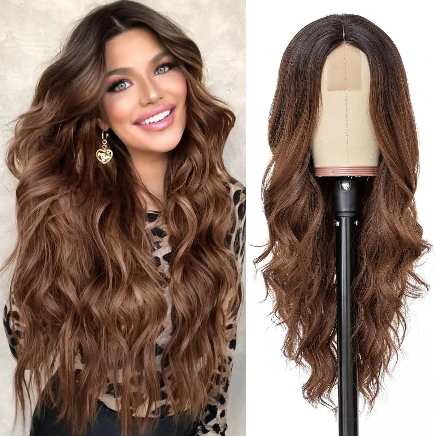 Side-by-side comparison of a woman with long wavy brown hair and a wig on a mannequin head.