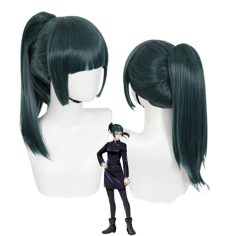Green anime-style wig with ponytails on a mannequin head, with a character model in the background.