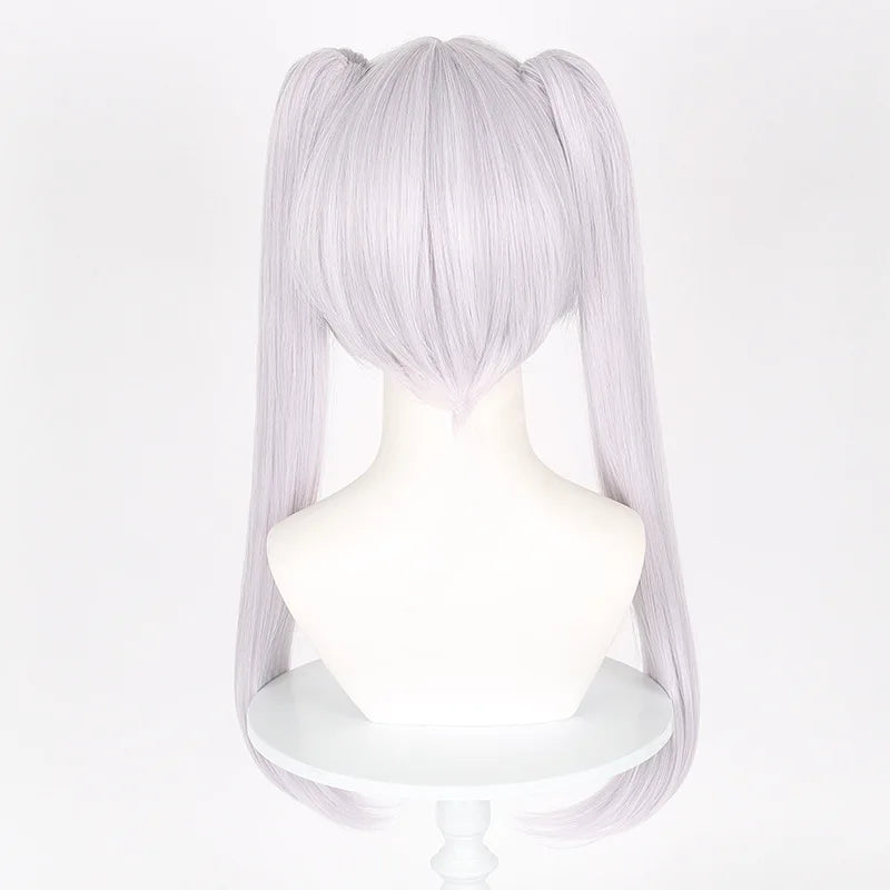 Silver wig with twin tails on a mannequin head against a white background