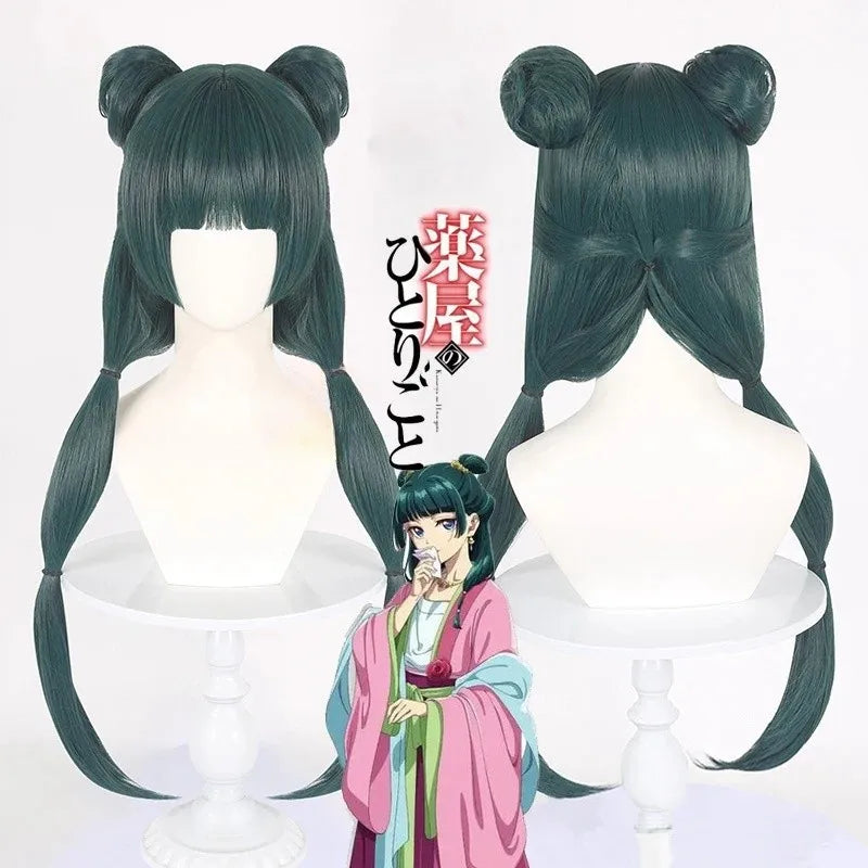 Green twin braid wig on a mannequin head with an anime character illustration.