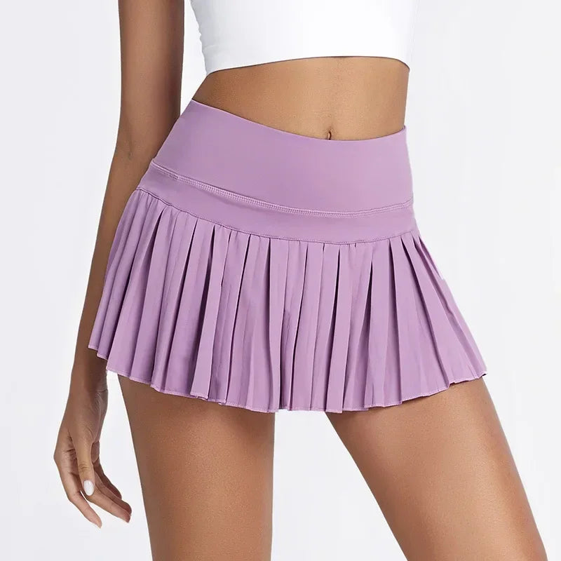 High-waist pleated tennis skirt pants with built-in shorts, breathable and lightweight for summer fitness activities