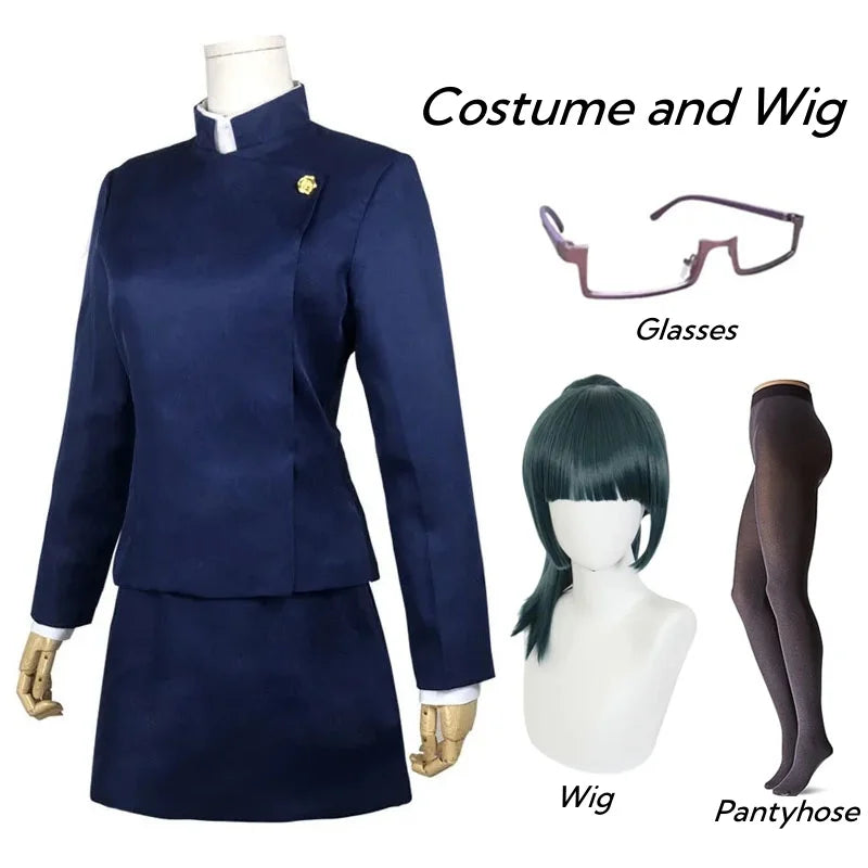 Navy blue costume with glasses, wig, and pantyhose on a white background