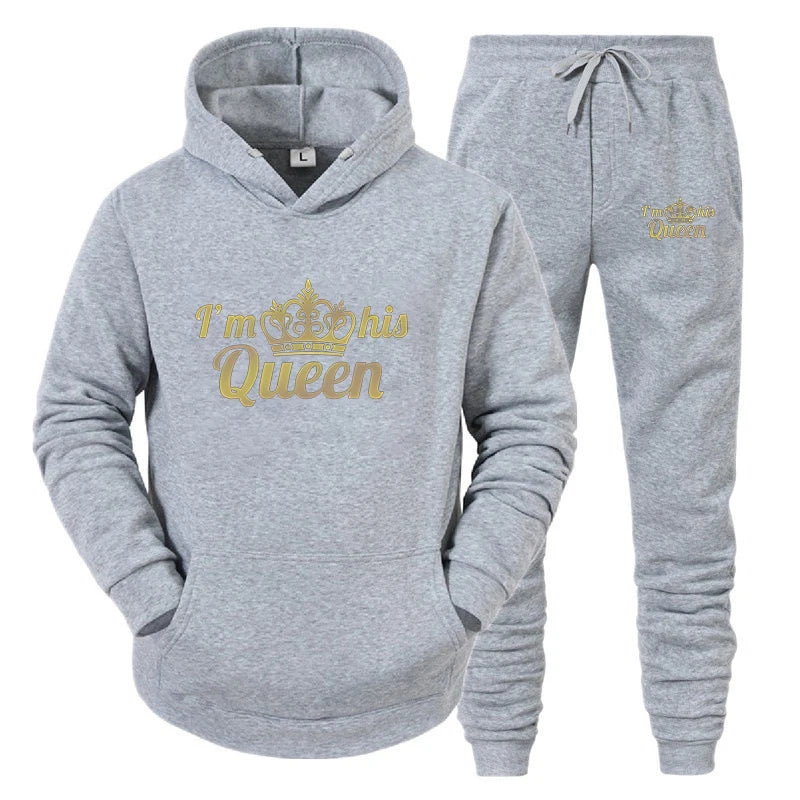 Gray hoodie and jogger set with 'I'm his Queen' text on a white background