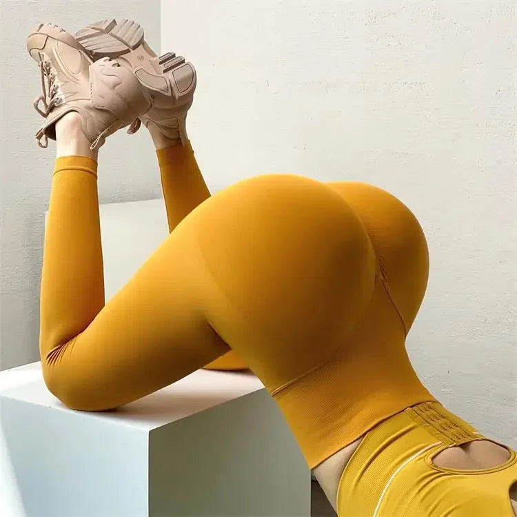 High Waist Solid Leggings- Push Up Butt Knit Fashion Gym Workout Pants