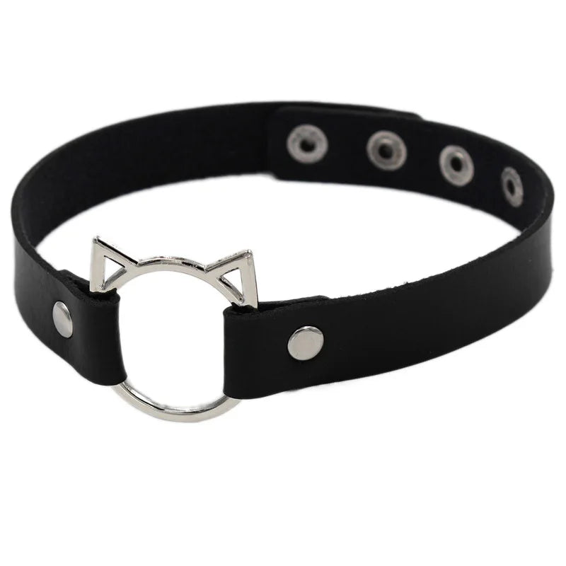 ShadowBelle PU leather punk choker set with bell, spikes, and rivets for goth and BDSM cosplay