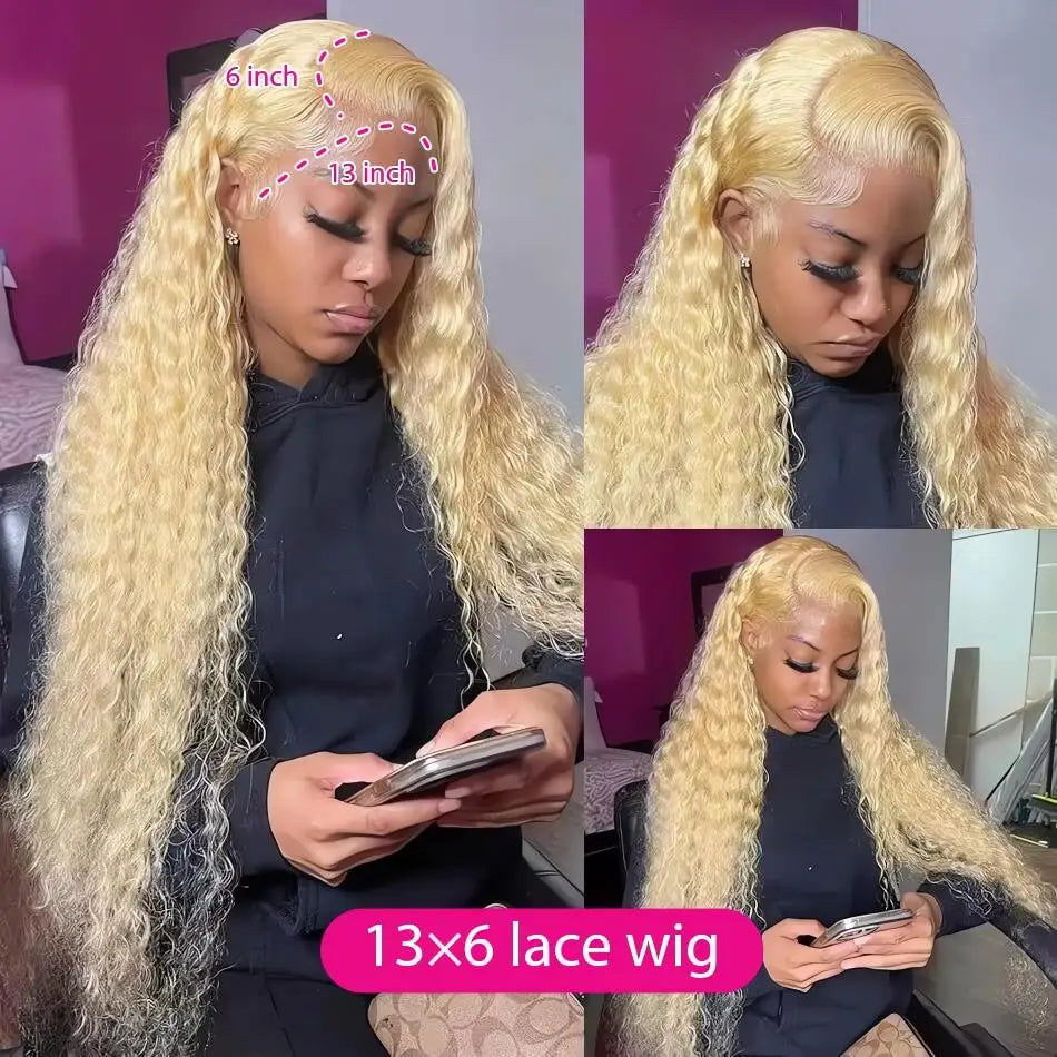 Collage of a person wearing a blonde wig with measurements and text '13x6 lace wig'.
