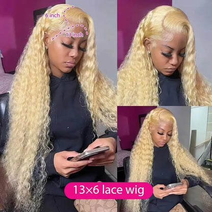 Collage of a person wearing a blonde wig with measurements and text '13x6 lace wig'.