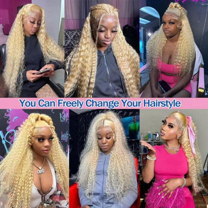 Collage of a woman with blonde hair styled in different ways, with text 'You Can Freely Change Your Hairstyle'.