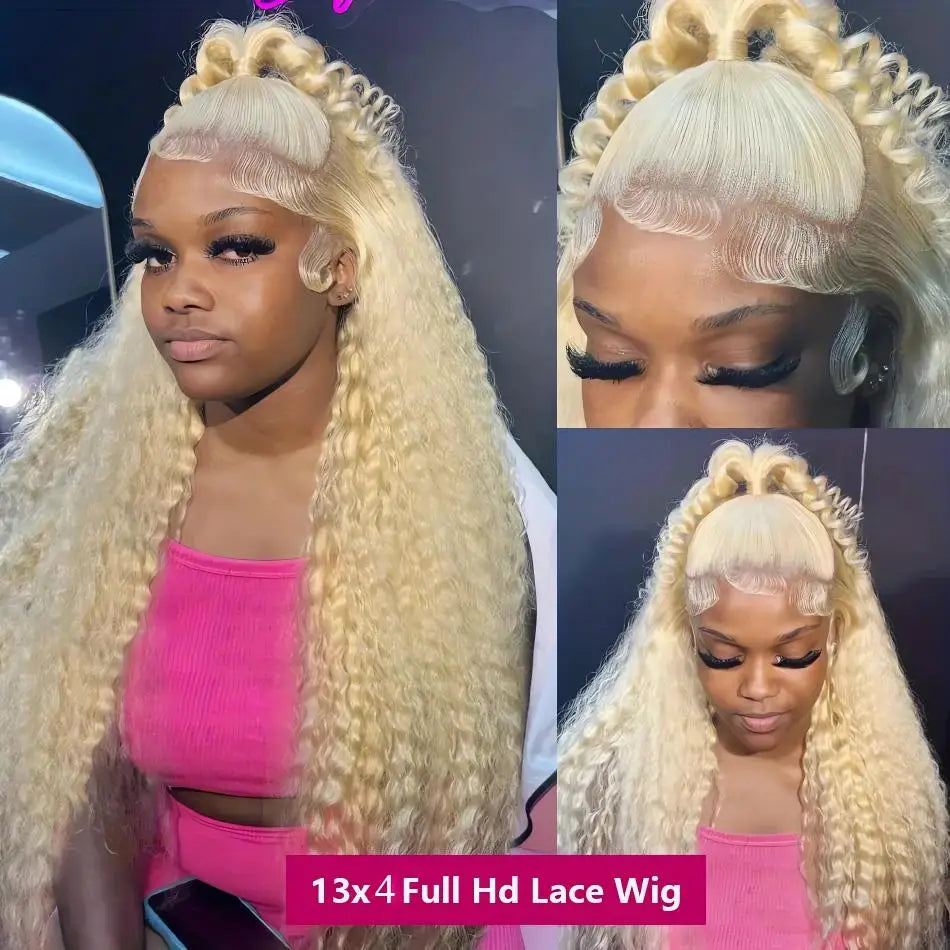 Woman with blonde wig styled in braids, wearing a pink top, with close-up details.