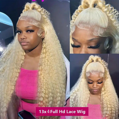 Woman with blonde wig styled in braids, wearing a pink top, with close-up details.