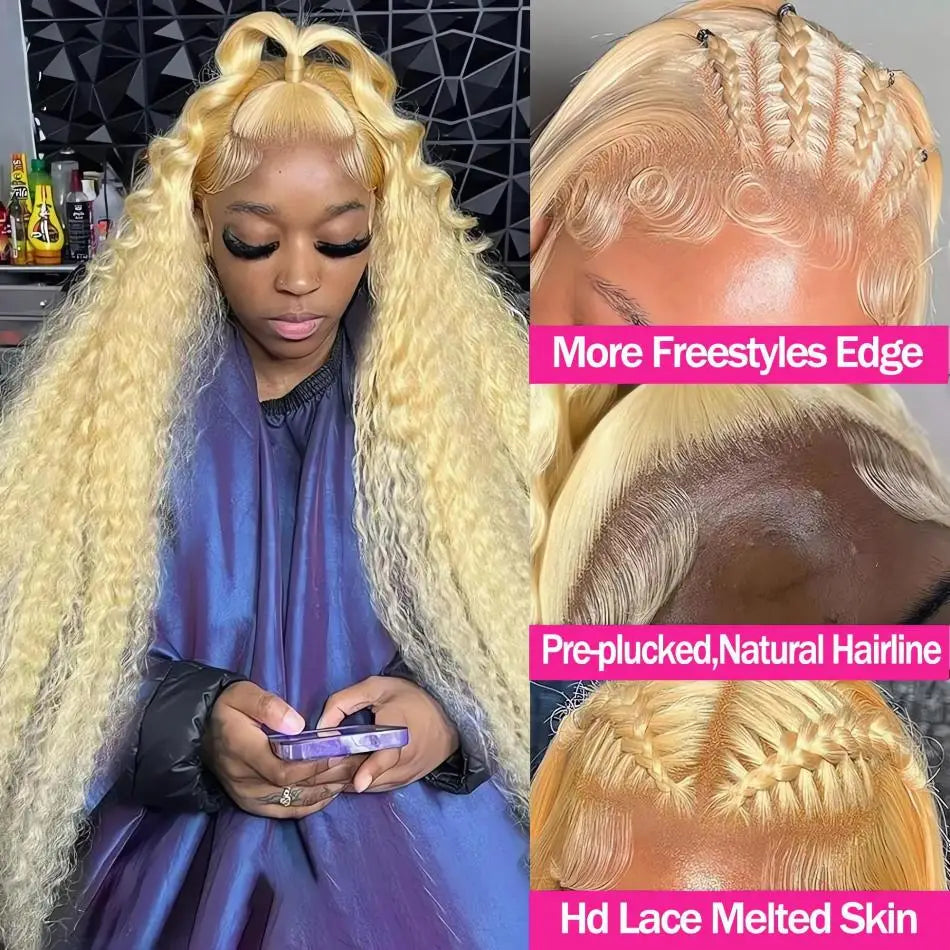 Woman with blonde wig, close-up of lace front wig details, and product features.