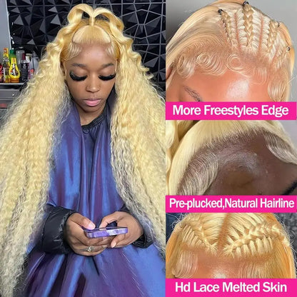 Woman with blonde wig, close-up of lace front wig details, and product features.