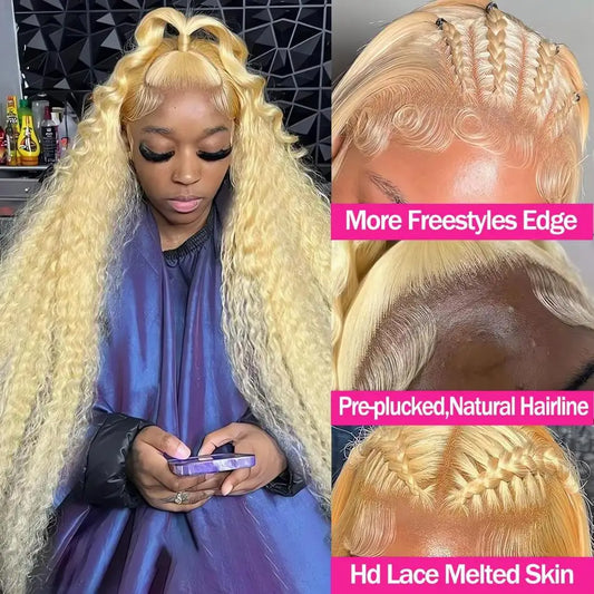 Woman with blonde wig, close-up of lace front wig details, and product features.