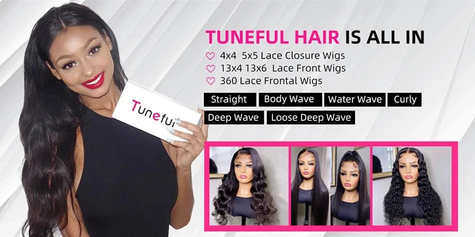 Woman holding a Tuneful hair product with various hair styling options displayed.